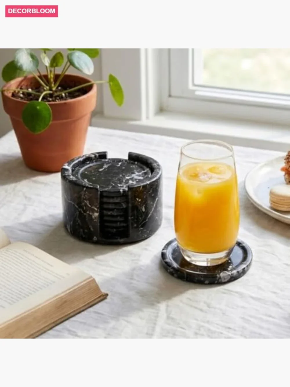 Set of 8 Handmade Marble Coasters with Holder, Round 3.5